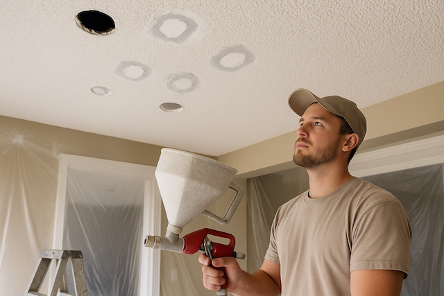 Knockdown ceiling repair in Calgary — technician blending the texture