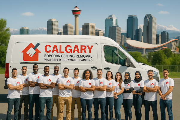 Our Calgary ceiling crew in front of the work van